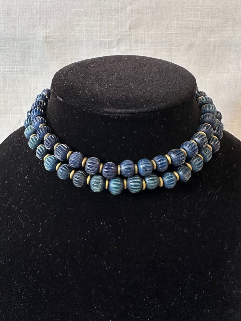 Vintage Blue Dyed Beaded Necklace with Gold Tone Spacers